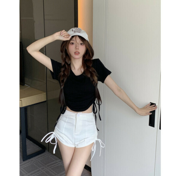 Summer drawstring slim short sleeve T (black) [Size: S-L] [Contact customer service to confirm the shipping size after placing an order]