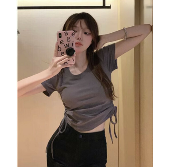 Summer drawstring slim short sleeve t (gray) [Size: S-L] [Contact customer service to confirm the shipping size after placing an order]