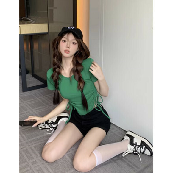 Summer drawstring slim short sleeve T (green) [Size: S-L] [Contact customer service to confirm the shipping size after placing an order]