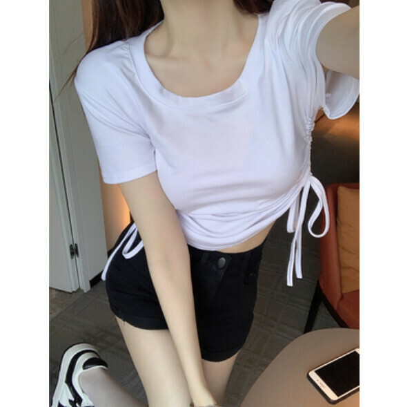 Summer drawstring slim short sleeve T (white) [Size: S-L] [Contact customer service to confirm the shipping size after placing an order]