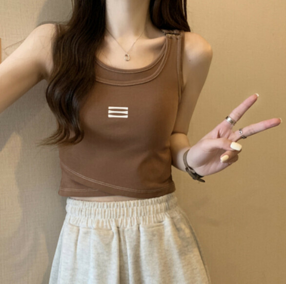 Summer Fake Two Tank Top with Chest Padding (Brown) [One Size]