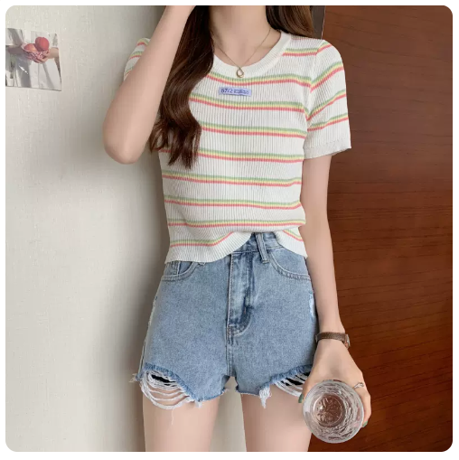 Knitted Contrasting Striped Short Sleeve Top (White) (One Size)