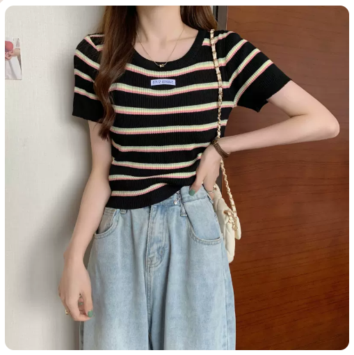 Knitted Short Sleeve Top with Contrast Stripes (Black) (One Size)