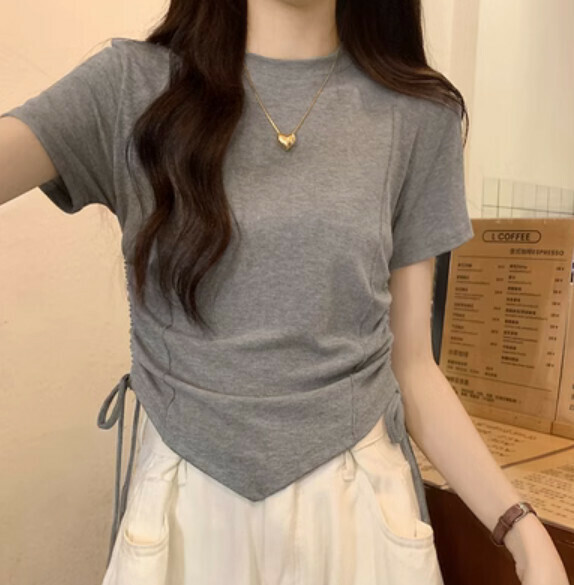 Summer irregular shoulder t (gray) [Size: S-XL] [Contact customer service to confirm the shipping size after placing an order]