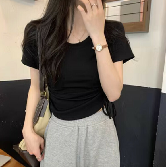 Summer irregular drawstring short sleeve T (black) [Size: S-L] [Contact customer service to confirm the shipping size after placing an order]