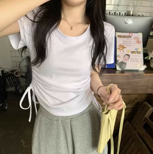 Summer irregular drawstring short sleeve T (white) [Size: S-L] [Contact customer service to confirm the shipping size after placing an order]