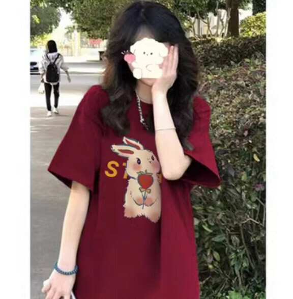 Summer loose short-sleeved T-卹 (burgundy) [Size: S-2XL] [Contact customer service to confirm the shipping size after placing an order]