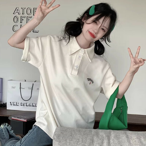 Summer polo collar loose short sleeve T (apricot) [Size: S-L] [Contact customer service to confirm the shipping size after placing an order]