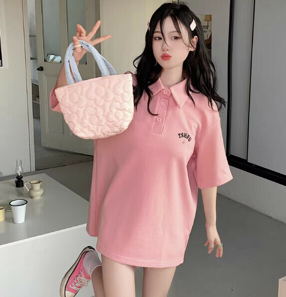 Summer polo collar loose short sleeve T (pink) [Size: S-L] [Contact customer service to confirm the shipping size after placing an order]