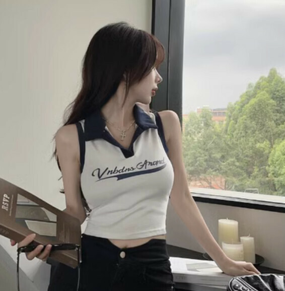 Summer polo collar sleeveless T (white gray) [Size: S-L] [Contact customer service to confirm the shipping size after placing an order]