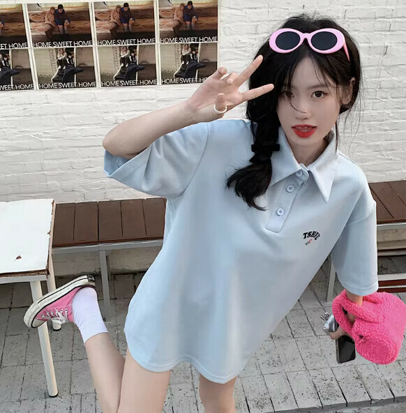 Summer polo collar loose short sleeve T (blue) [Size: S-L] [Contact customer service to confirm the shipping size after placing an order]