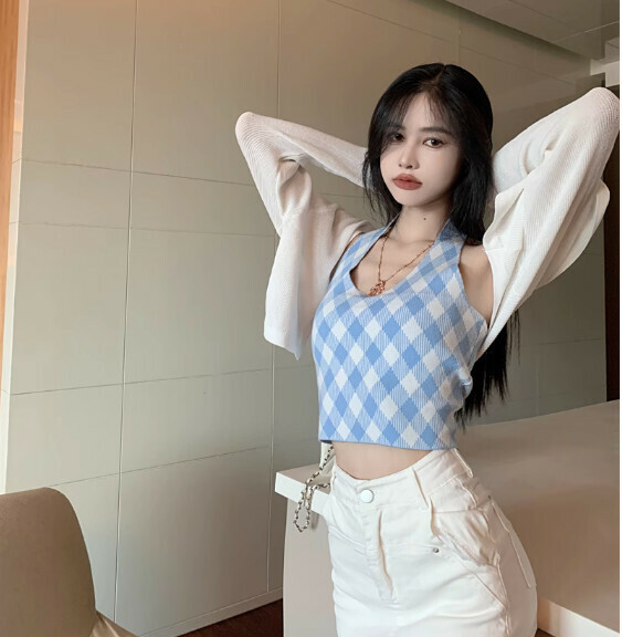 Summer Plaid Halterneck Vest (Blue) [One Size]