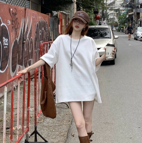 Summer loose mid-length short-sleeved T (white) [Size: S-L] [Contact customer service to confirm the shipping size after placing an order]