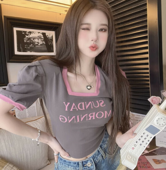 Summer Contrast Square Neck Short Sleeve T (Dark Gray) [Size: S-XL] [Contact Customer Service to Confirm Shipping Size After Placing an Order]