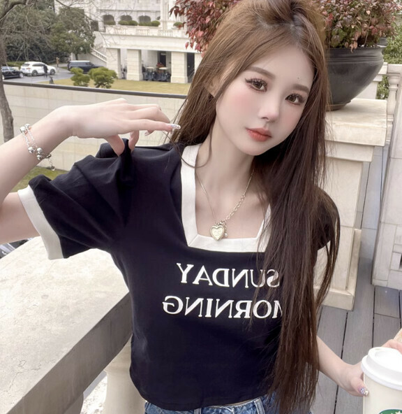 Summer contrasting square neck short sleeve T (black) [Size: S-XL] [Contact customer service to confirm the shipping size after placing an order]