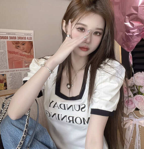 Summer contrasting square neck short sleeve t (white) [Size: S-XL] [Contact customer service to confirm the shipping size after placing an order]
