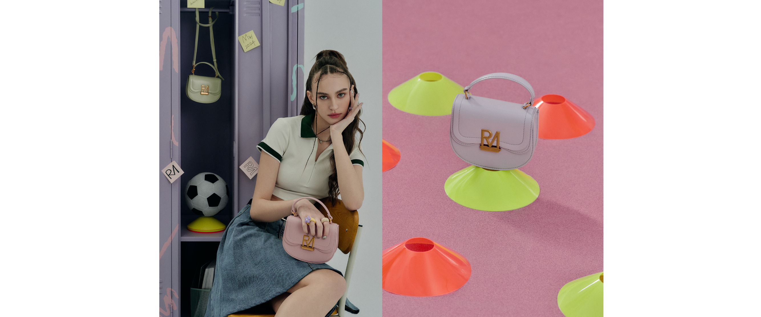 復古學院風格穿搭，白色polo 衫，藍色牛仔短裙，手拿粉色 Elly 半圓手提包。