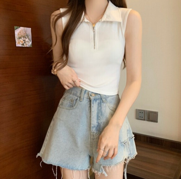 Summer Zippered Polo Collar Vest (White) [One Size]