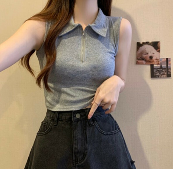 Summer Zipper Polo Collar Vest (Gray) [One Size]