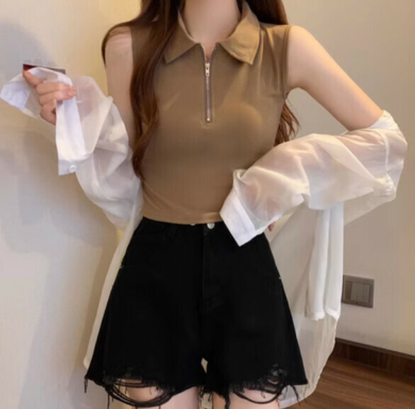 Summer zipper polo collar vest (coffee color) [one size]