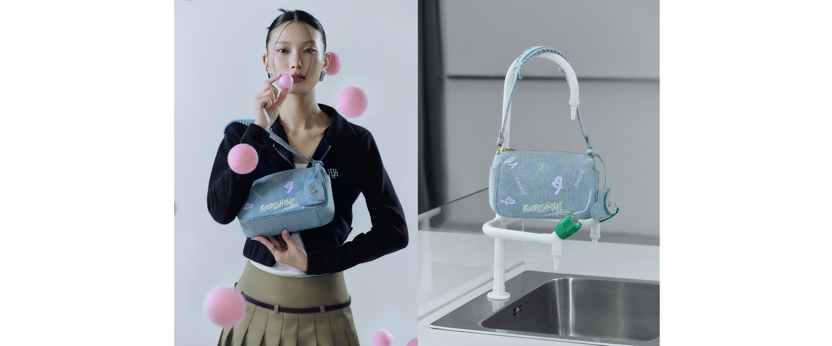 丹寧布料的 Alexa 肩背包模特展示圖。背景粉色跳動的小球，象徵著愛情的細胞。