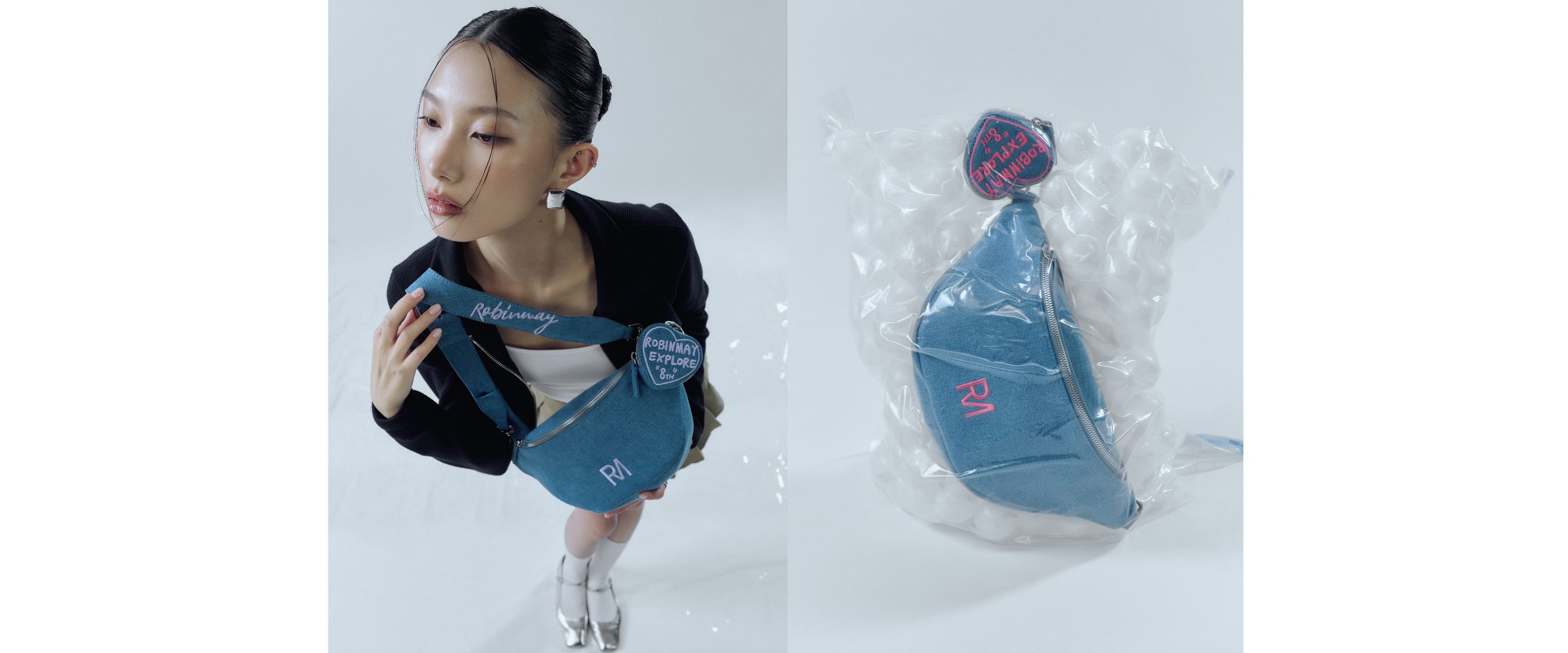 ROBINMAY 8週年限定丹寧夢特胸包，粉紅色與紫色兩種版本。