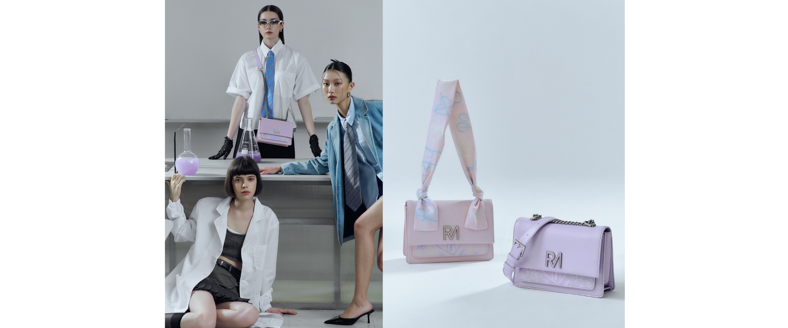 ROBINMAY ACADEMY 實驗室三人合照，模特身上背著狂派塗鴉斜背包粉紅色與紫色兩種版本。