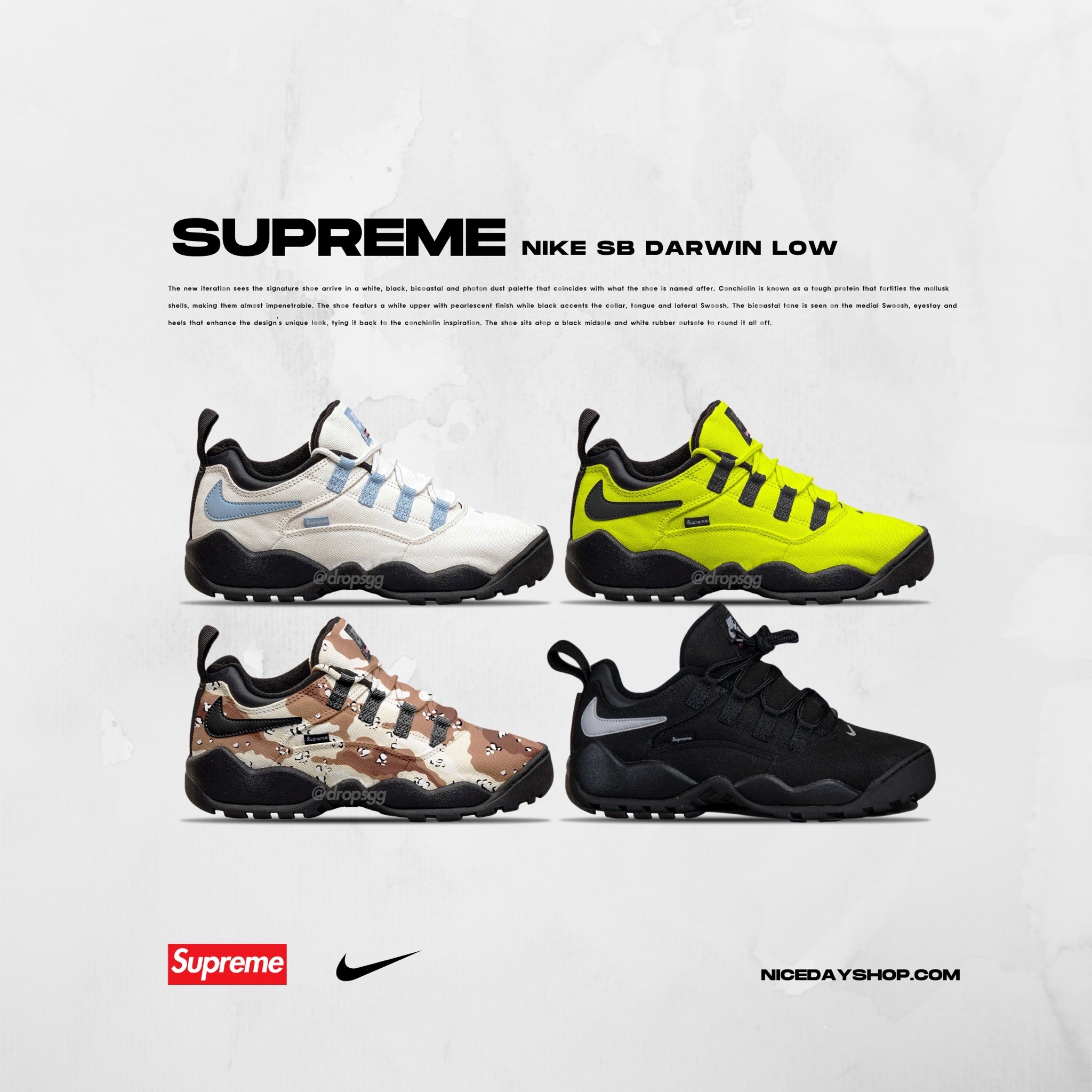 NICEDAY Supreme x Nike SB Darwin 聯名款四色黑白迷彩螢光綠滑板鞋