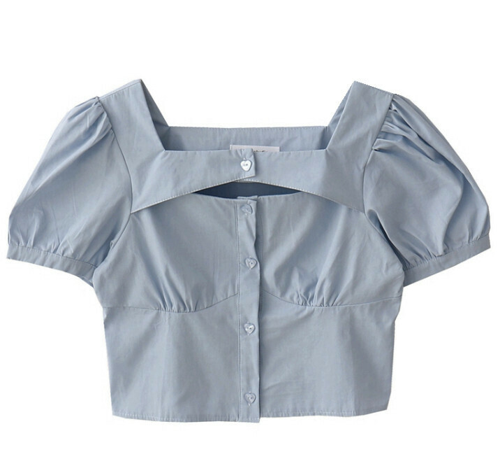 Hot Selling Collarbone Exposed Short Shirt [Blue] [One Size Fits All]