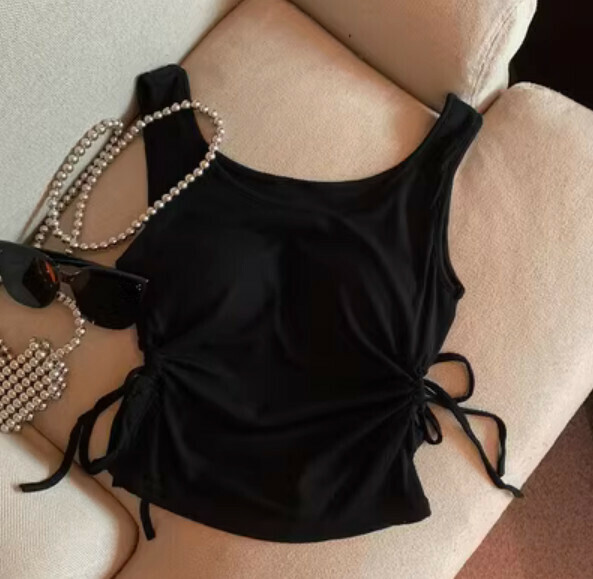 Summer drawstring crewneck waisted waistcoat (black) [one size]