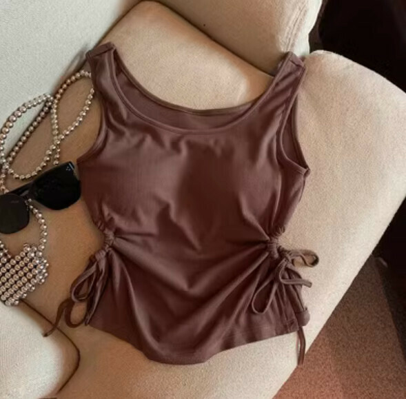 Summer drawstring round neck waist vest (brown) [one size]