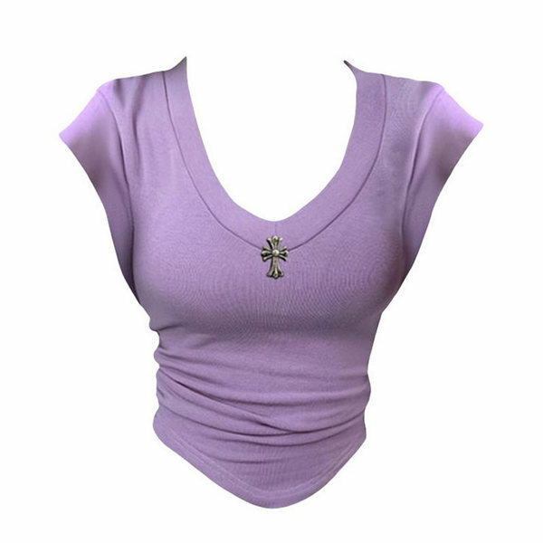 Hot Selling Waist Pleated Short Sleeves (Taro Purple Size S-L) (Please contact customer service to confirm the delivery size after placing the order)