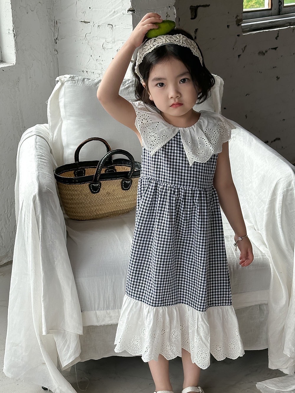 米白拼接格子洋裝