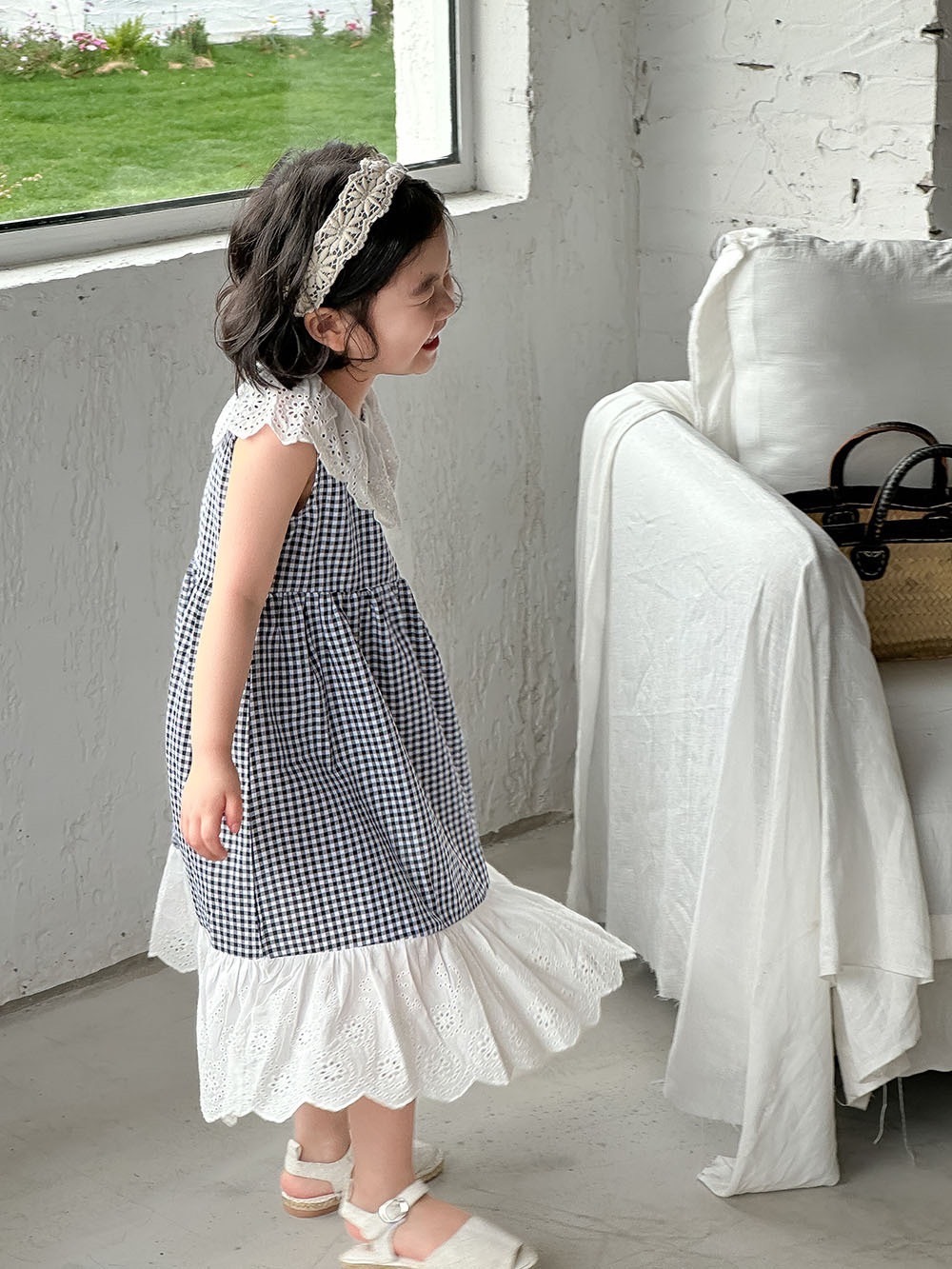 米白拼接格子洋裝