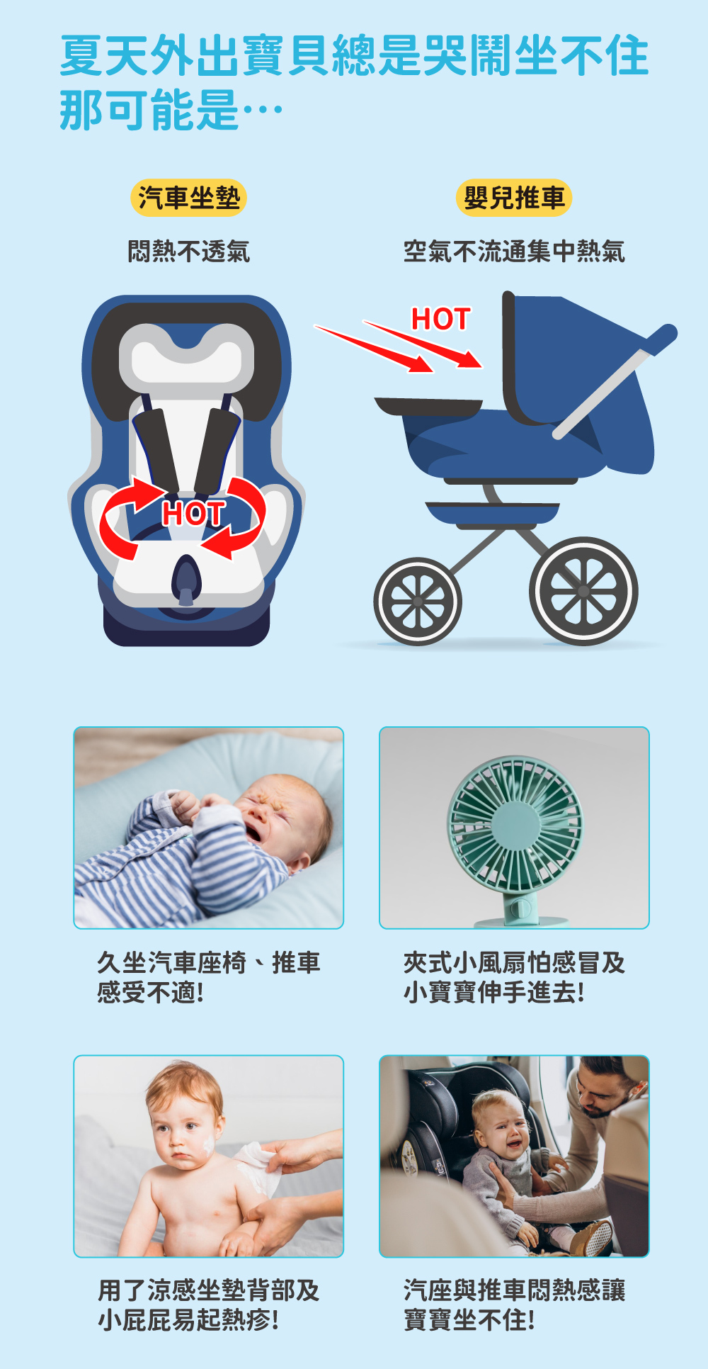 夏天外出,寶貝總是哭鬧坐不住,汽車坐墊悶熱不透氣,嬰兒推車空氣不流通