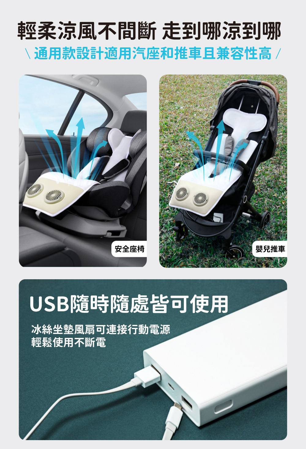 輕柔涼風不間斷,走到哪涼到哪,安全座椅、嬰兒推車兼容,USB供電