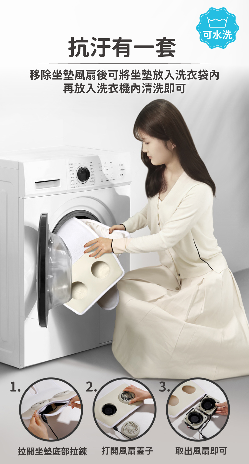 可水洗,移除風扇後,坐墊可放入洗衣袋內機洗,拆卸風扇步驟說明