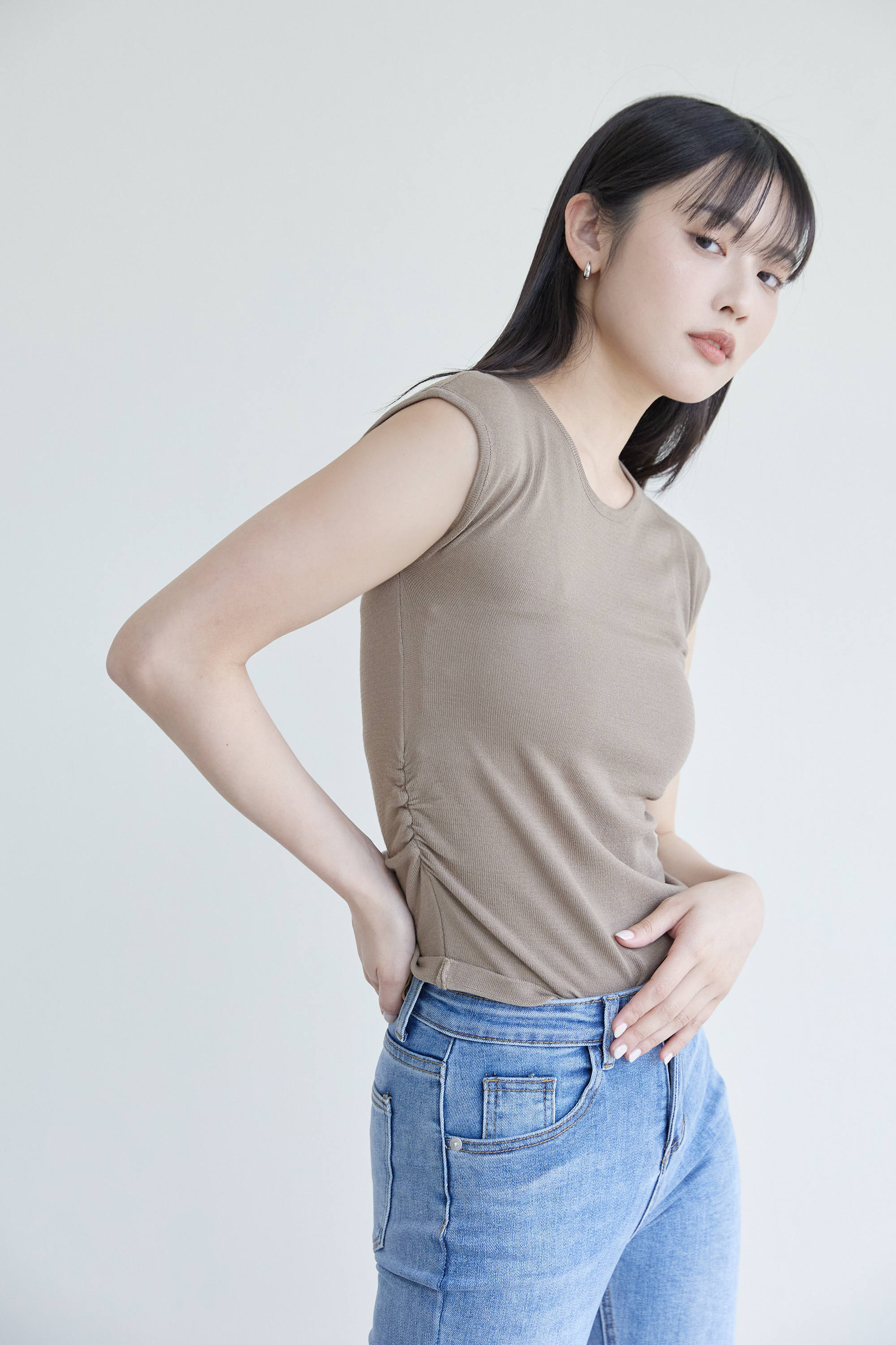 SALE500 側腰彈性抽皺包袖針織上衣