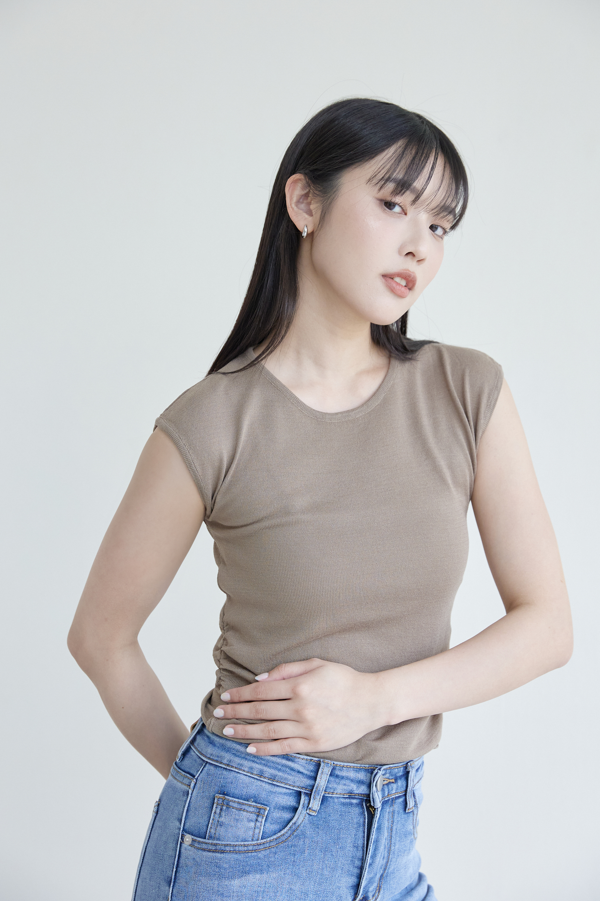 SALE500 側腰彈性抽皺包袖針織上衣