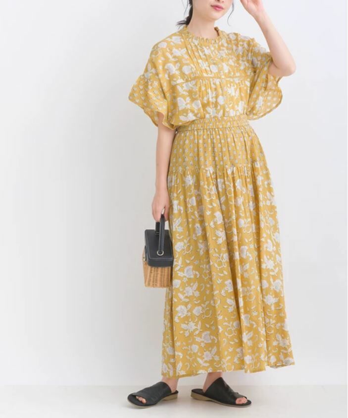 黃色印花棉質皺摺半身長裙【日本直送】