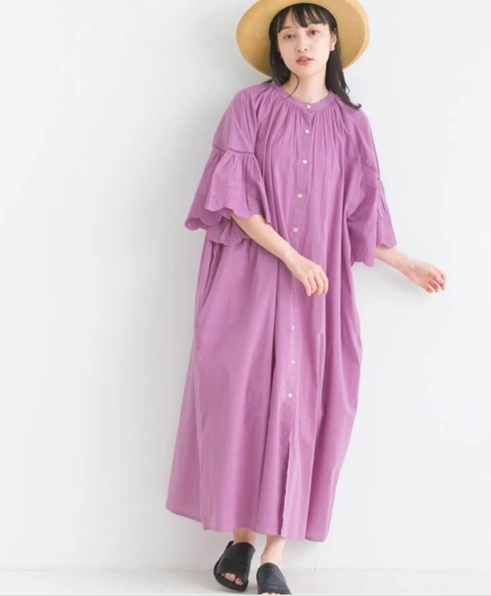 粉紅色扇貝刺繡喇叭袖連衣裙【日本直送】