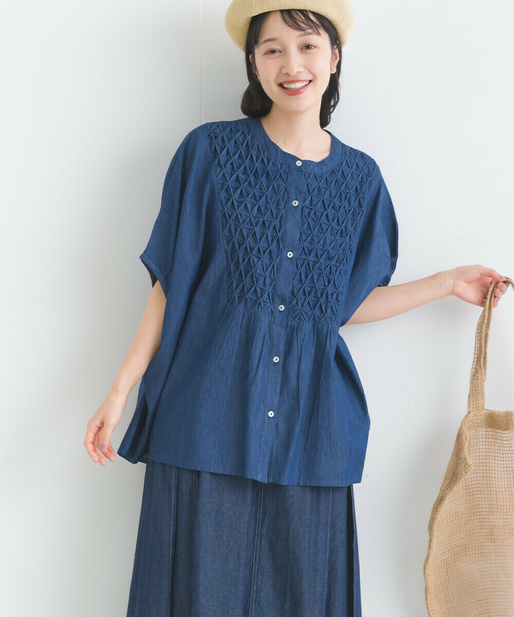 日式美學摺紙胸前裝飾襯衫 (兩色入)【日本直送】