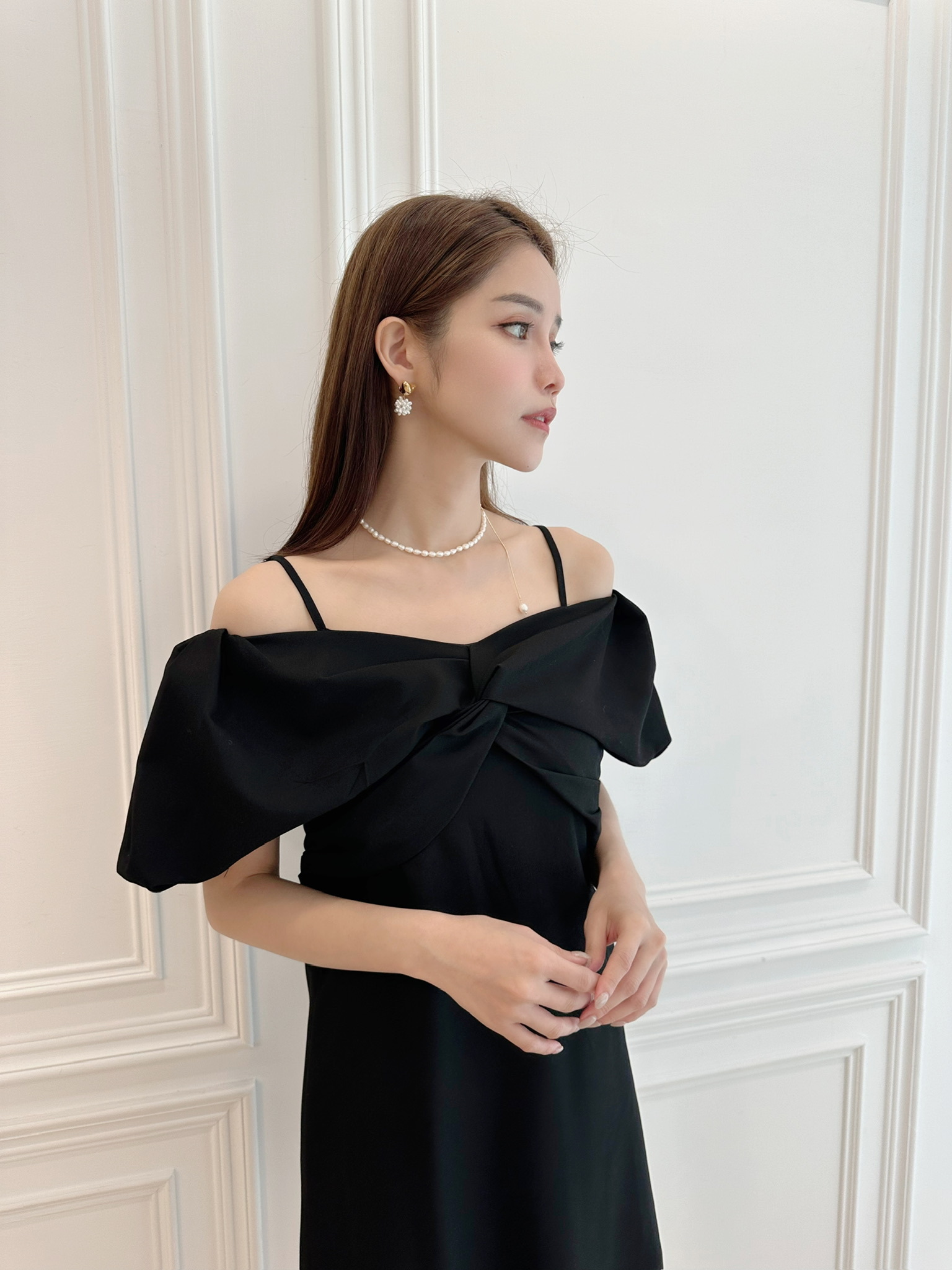 細帶一字領澎短袖洋裝