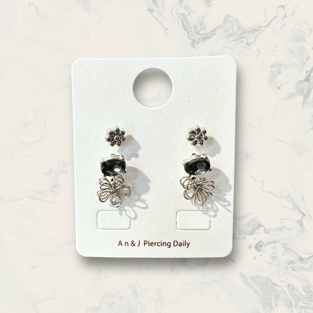 韓國直送-鋼針 珠珠花+四點橢圓鋯+雙層金屬五瓣花框 六件組