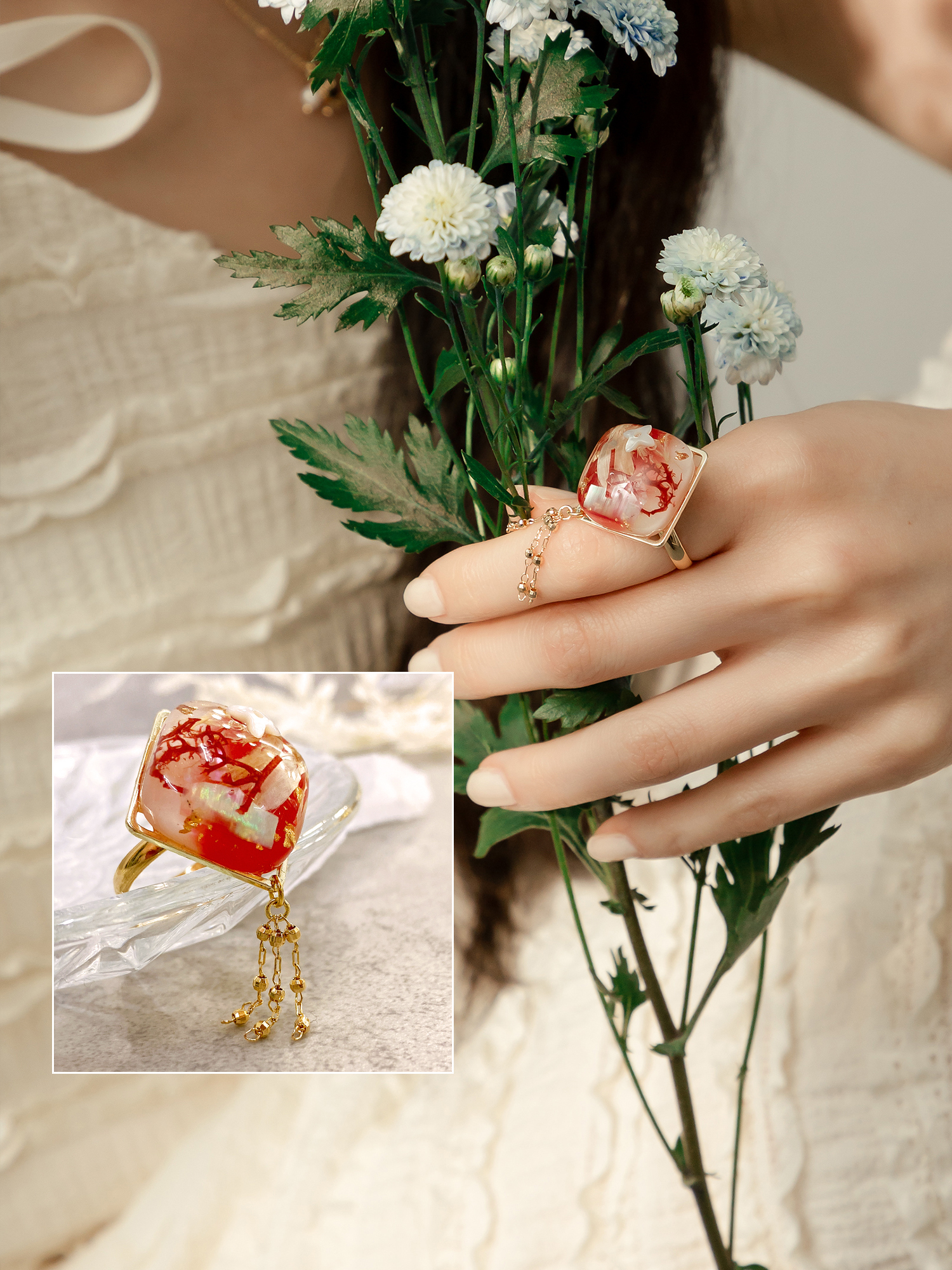 陶醉詩人。MUCHAT手作14KGP貝殼壓花流蘇戒指