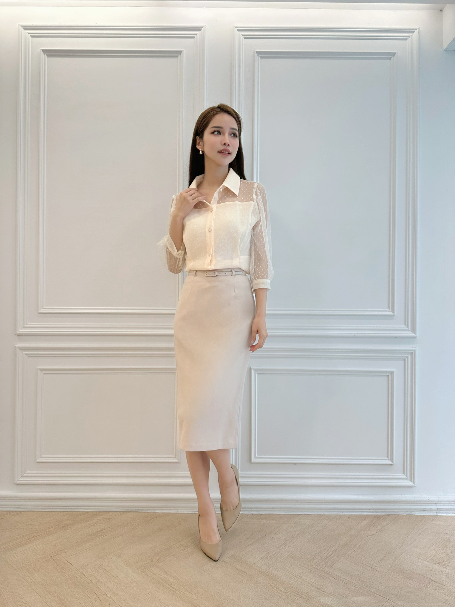 點點透膚腰身襯衫