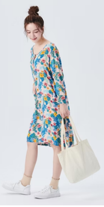 士林總會｜棉花共和國 家居生活服-開襟七分袖洋裝(黑底彩花/粉底彩花)