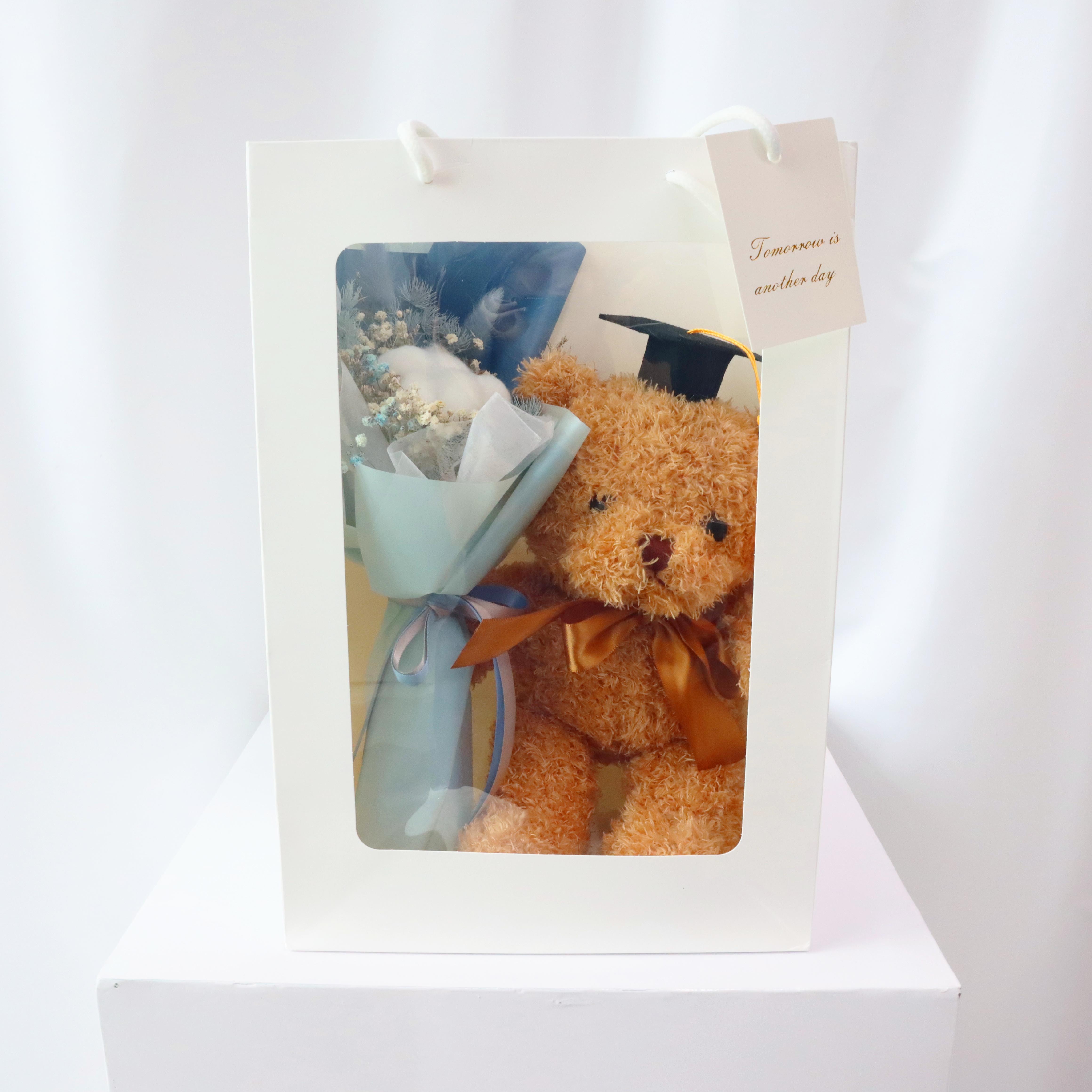 畢業熊花束|袋裝畢業學士熊藍色棉花花束|單支花束|畢業熊|學士熊|畢業禮物|