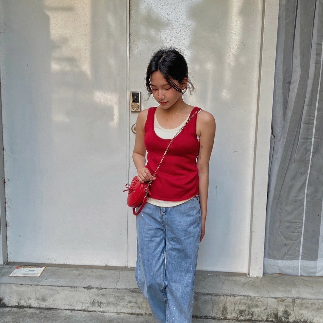 撞色假兩件針織背心/四色