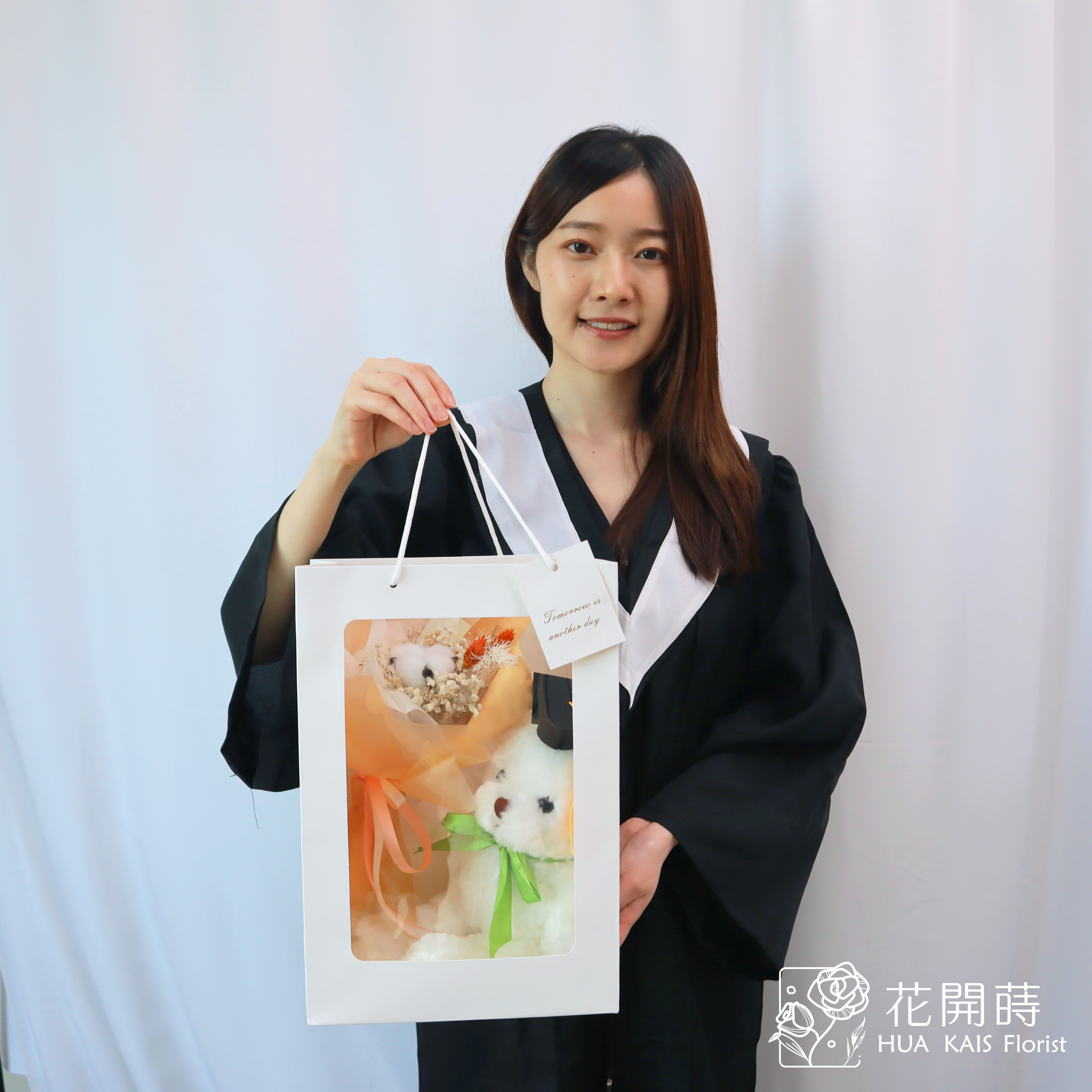 畢業熊花束|袋裝畢業學士熊橘色棉花花束|單支花束|畢業熊|學士熊|畢業禮物|
